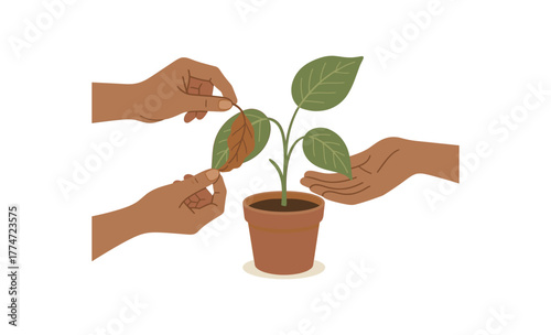 hands removing dry leaves careful plant care awareness no outline flat vector illustration style isolated on white background muted earthy colors