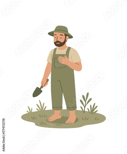 gardener barefoot on grass feeling ground mindfulness connection no outline flat vector illustration style isolated on white background muted greens and beiges