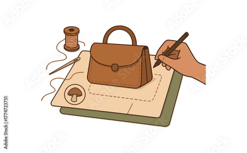 designer prototyping mushroom leather handbag sustainable fashion alternative flat vector illustration style isolated on white background