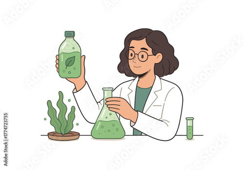 scientist creating biodegradable plastic from algae eco friendly material innovation flat vector illustration style isolated on white background