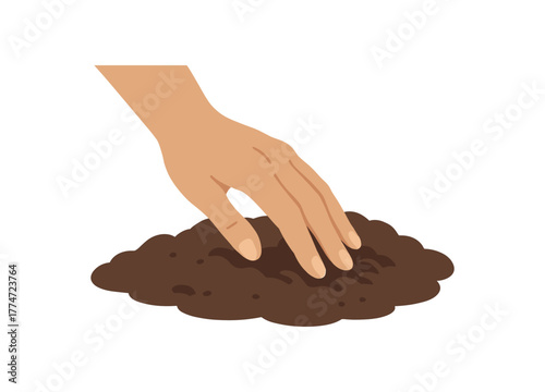 hand touching soft soil sensory mindfulness garden work no outline flat vector illustration style isolated on white background muted brown beige palette