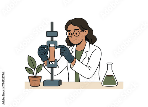 biotech engineer testing plant based biopolymer durability sustainable material science flat vector illustration style isolated on white background