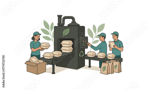 biodegradable food container production line eco packaging factory and innovation flat vector illustration style isolated on white background