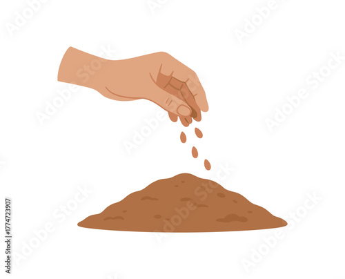 hand sprinkling seeds over soil patience and hope concept no outline flat vector illustration style isolated on white background soft earthy tones