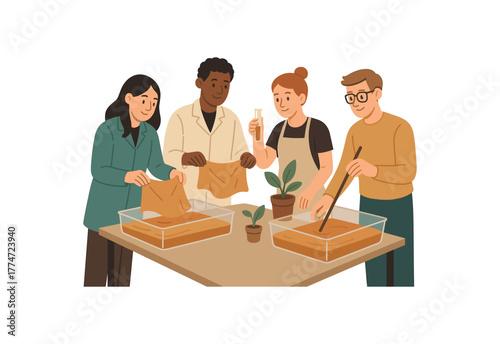 biodesign workshop students growing kombucha leather sheets creative biomaterials flat vector illustration style isolated on white background