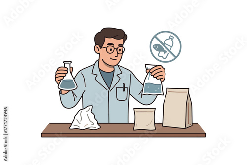 engineer developing water soluble packaging reducing plastic pollution impact flat vector illustration style isolated on white background