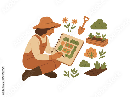 gardener notebook sketching garden layout mindful creative act no outline flat vector illustration style isolated on white background soft warm colors