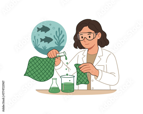 scientist testing biodegradable fishing nets ocean conservation biomaterial solution flat vector illustration style isolated on white background