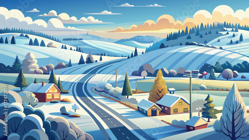 Very beautiful snowy American countryside in winter, captured from above showing a winding rural road, frosted trees, and farmland blanketed in white snow under a soft cloudy sky.