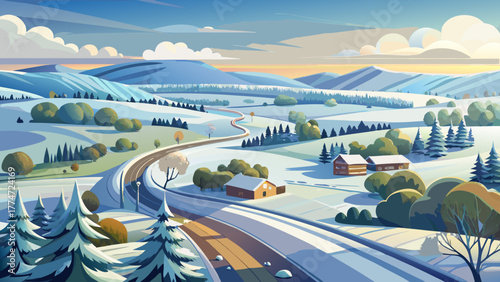 Very beautiful snowy American countryside in winter, captured from above showing a winding rural road, frosted trees, and farmland blanketed in white snow under a soft cloudy sky.