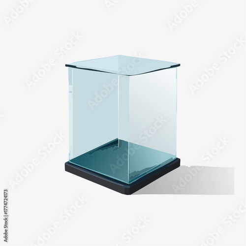 Transparent glass cube display case on dark base against white background