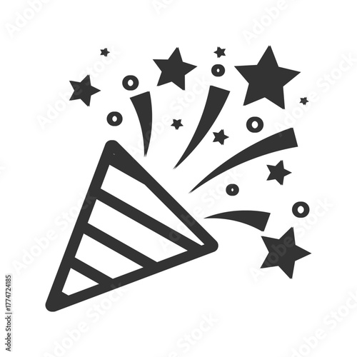 A gray party popper icon is depicted angled left with stars and streamers exploding from its opening