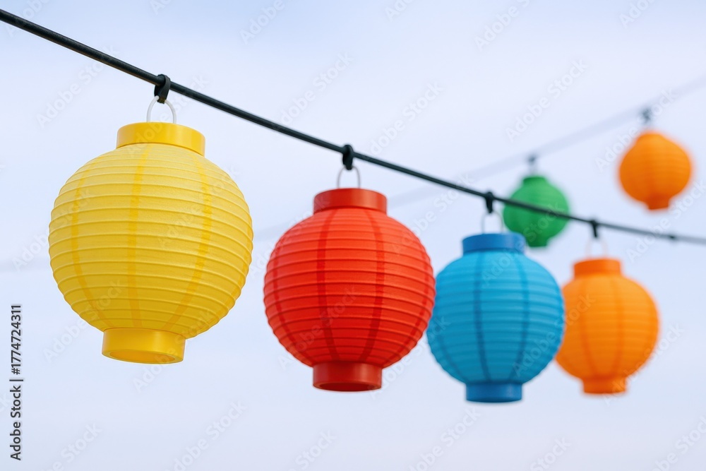 Obraz premium Colorful Paper Lanterns Hanging Outdoors Against a Soft Blue Sky, Perfect for Festive Celebrations