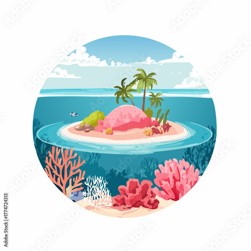 Tropical island paradise illustration with palm trees and coral reef
