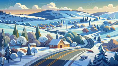 Very beautiful snowy American countryside in winter, captured from above showing a winding rural road, frosted trees, and farmland blanketed in white snow under a soft cloudy sky.