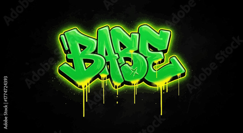 Vibrant green graffiti word BASE with dripping paint and neon glow, perfect for urban art projects