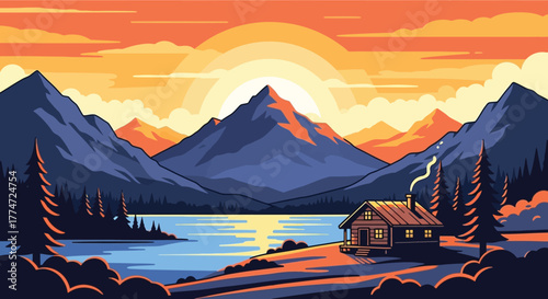 Serene mountain landscape with a cozy cabin by a reflective lake at sunset