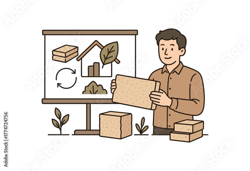 startup showcasing biobased insulation materials sustainable building technology flat vector illustration style isolated on white background