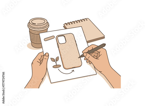 designer sketching biodegradable smartphone case concept sustainable product innovation flat vector illustration style isolated on white background