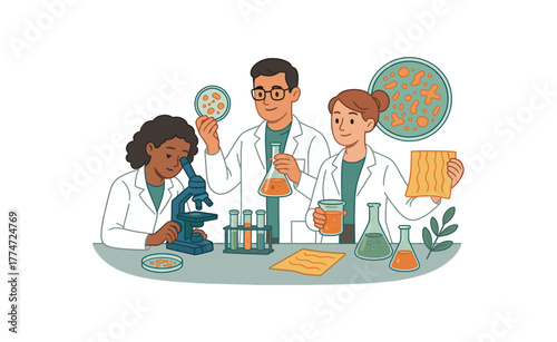 lab team testing bacterial pigment for natural biodegradable textile dye innovation flat vector illustration style isolated on white background