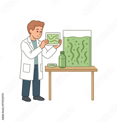 scientist growing algae film for biodegradable water bottle prototype flat vector illustration style isolated on white background