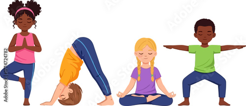 Diverse kids practicing yoga poses together
