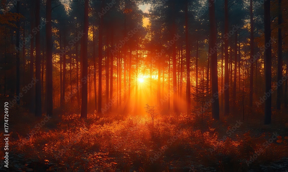 Obraz premium Radiant Sunrise Through Forest Trees Casting a Warm Golden Glow on the Ground