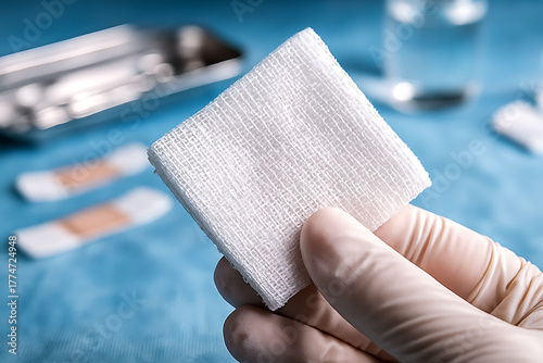 Close-up of a gloved hand holding a sterile gauze pad in a medical setting. The textured white fabric and surgical instruments in the background emphasize hygiene and precision.