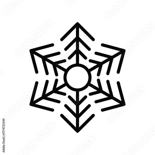 A stylized black snowflake icon on a white background It features a central circle with six symmetrical arms Each arm has three outwardpointing arrow shapes