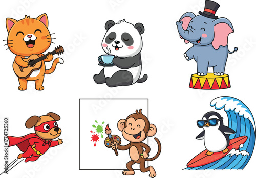 Cartoon animal character set, vector illustrations of cat guitarist, panda tea drinker, circus elephant, superhero dog, artist monkey, surfing penguin
