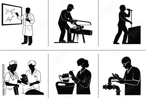 Profession silhouette set, black vector icons of scientist, carpenter, singer, nurse, dentist, and plumber in action