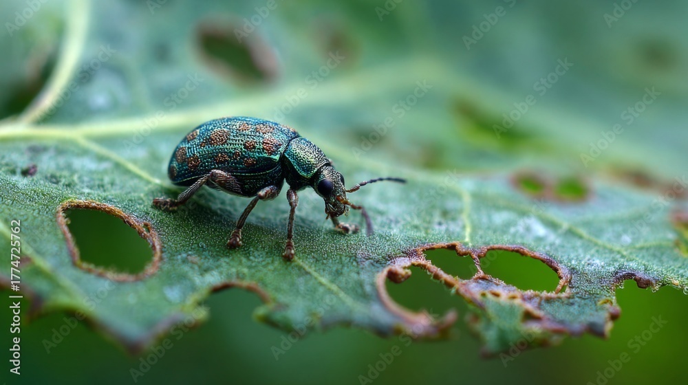 Fototapeta premium Detailed Close-Up of a Colorful Beetle on a Leaf, Highlighting Nature's Intricate Textures and Natural Habitat for Educational and Artistic Use