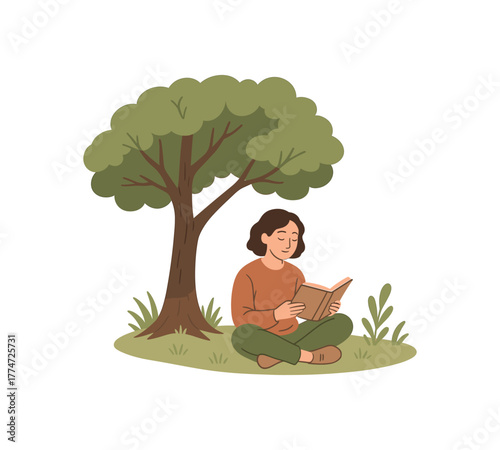 reading journal under tree mindful reflection and nature connection ritual flat vector illustration style isolated on white background