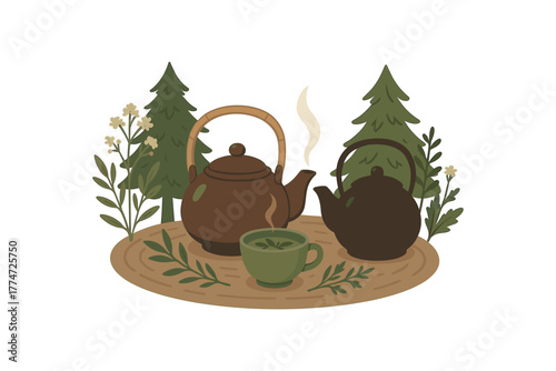 forest tea ceremony brewed with wild herbs grounding and slow living ritual flat vector illustration style isolated on white background
