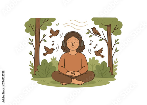 forest sound meditation focusing on birds wind and natural rhythms for healing flat vector illustration style isolated on white background