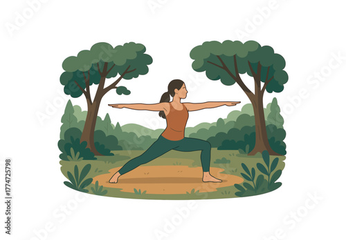 yoga practice forest clearing combining movement and nature immersion flat vector illustration style isolated on white background