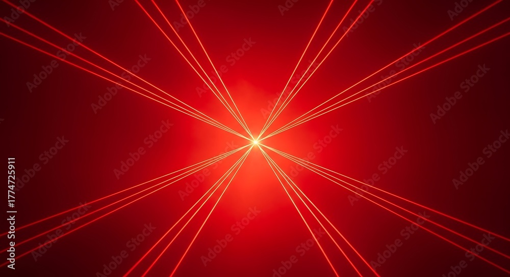 Fototapeta premium Intense red laser light beams radiating from a central starburst flare, creating a dynamic abstract background for technology concepts