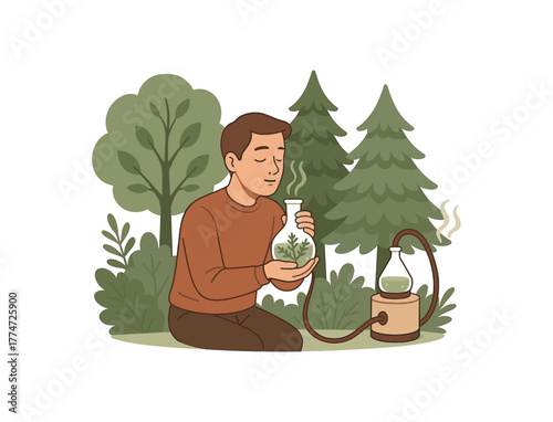 forest scent inhalation therapy collecting and diffusing essential woodland aromas flat vector illustration style isolated on white background