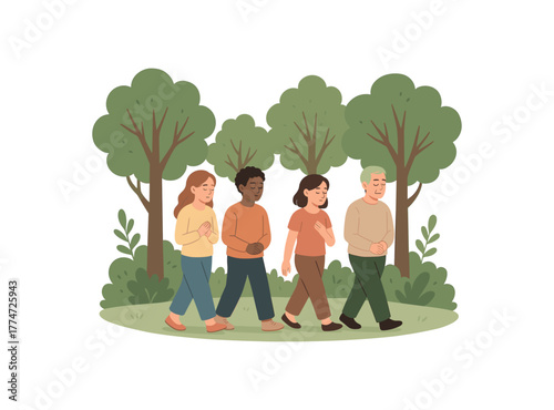 group practicing silent walk forest mindfulness and sensory awareness training flat vector illustration style isolated on white background