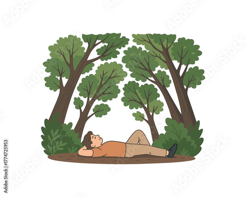 laying on forest floor watching treetops mindful relaxation and nervous system reset flat vector illustration style isolated on white background