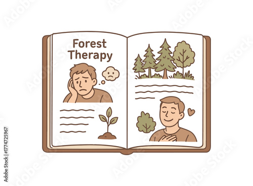 forest therapy journal with sketches and notes documenting emotional transformation flat vector illustration style isolated on white background