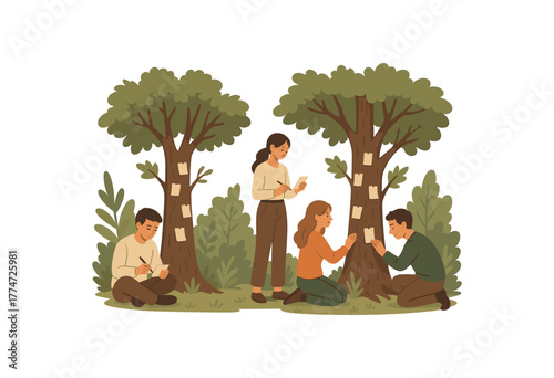 forest gratitude ritual participants writing messages and leaving them under trees flat vector illustration style isolated on white background