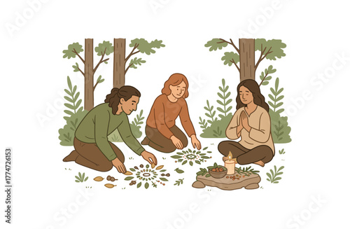 forest gratitude altar participants creating natural mandalas as healing ritual flat vector illustration style isolated on white background