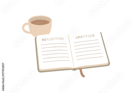 teacup beside open journal reflection and gratitude ritual no outline flat vector illustration style isolated on white background muted light tones