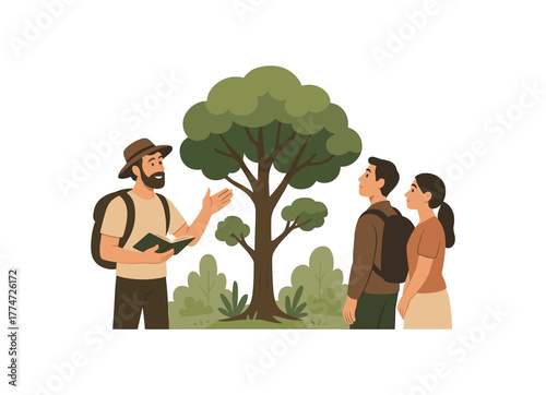 guided tree identification walk building deeper connection and ecological awareness flat vector illustration style isolated on white background