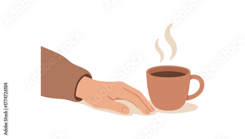 hand resting near warm cup still moment and gentle breathing no outline flat vector illustration style isolated on white background muted tones