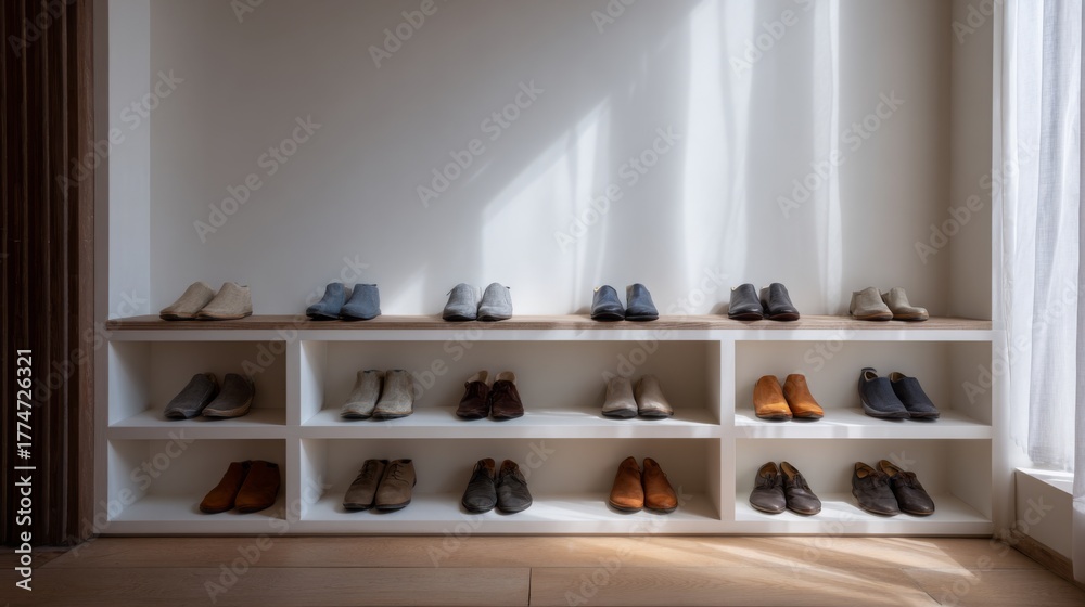 Fototapeta premium Stylish and Modern Shoe Display in Bright Room with Natural Light Highlighting Fashionable Footwear Arranged Neatly on Shelves