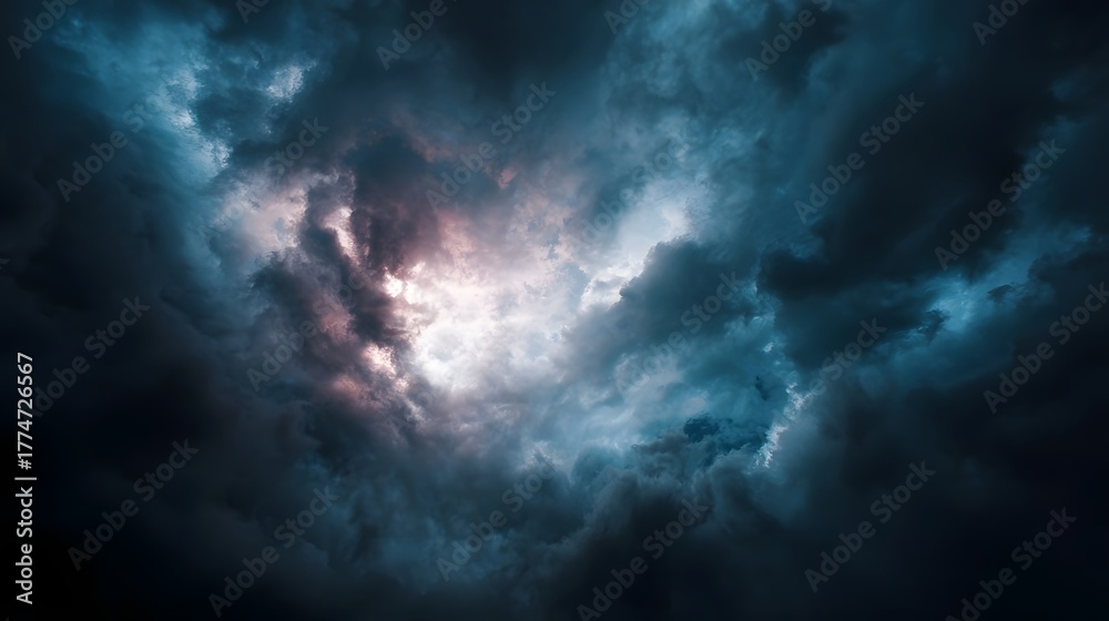Fototapeta premium Dramatic sky filled with dark storm clouds illuminated by a powerful bright light breaking through