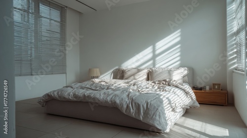 Sunlit bedroom with soft linen bedding, minimalistic decor, and natural light creating serene atmosphere and shadows on white walls
