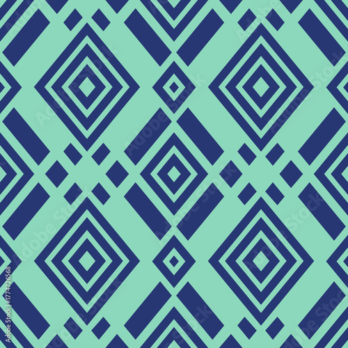 Modern geometric seamless pattern featuring blue and turquoise diamond shapes, vector design with bold symmetry and clean style. Vector image. Easily editable; Endless design.